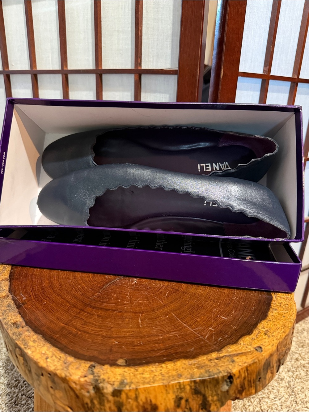 Vaneli Vintage Slate Blue Leather Scalloped Ballet Flats Purple Interior